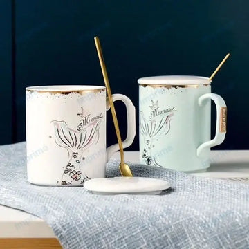Creative gold edge Mermaid mug with spoon lid