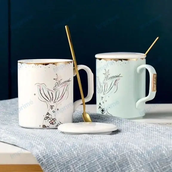Creative gold edge Mermaid mug with spoon lid