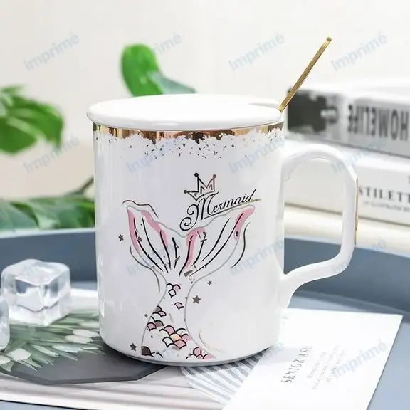 Creative gold edge Mermaid mug with spoon lid