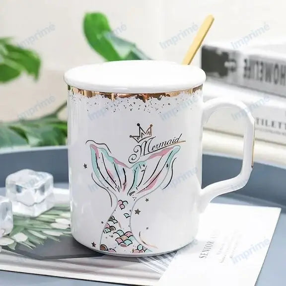 Creative gold edge Mermaid mug with spoon lid