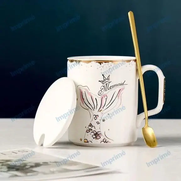Creative gold edge Mermaid mug with spoon lid