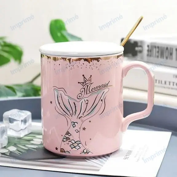 Creative gold edge Mermaid mug with spoon lid
