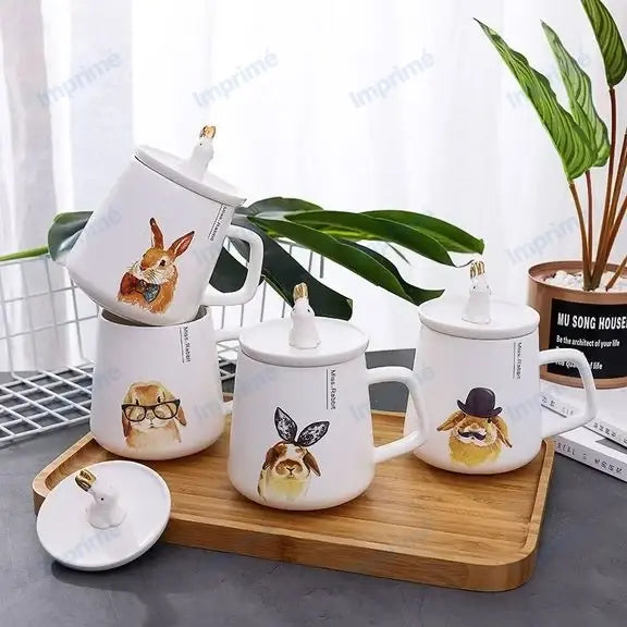 Cartoon gold rabbit ceramic mug with spoon