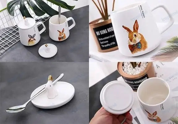 Cartoon gold rabbit ceramic mug with spoon