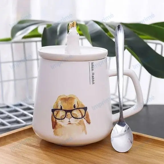 Cartoon gold rabbit ceramic mug with spoon