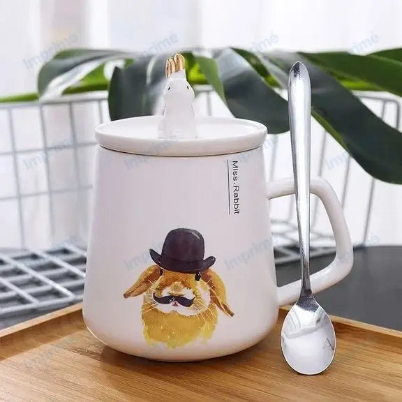 Cartoon gold rabbit ceramic mug with spoon