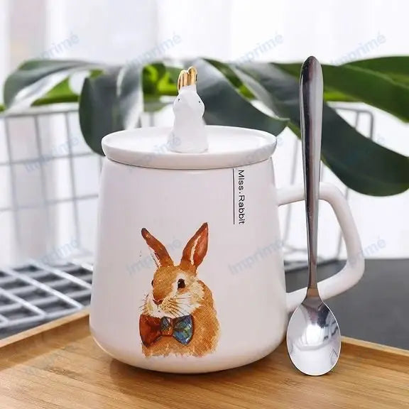 Cartoon gold rabbit ceramic mug with spoon