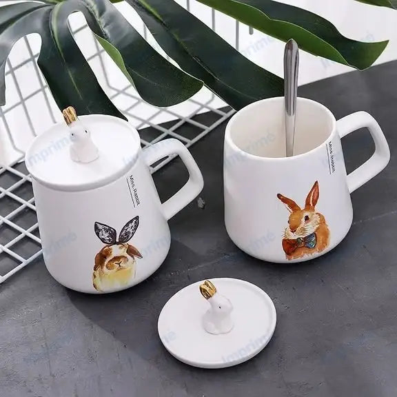 Cartoon gold rabbit ceramic mug with spoon