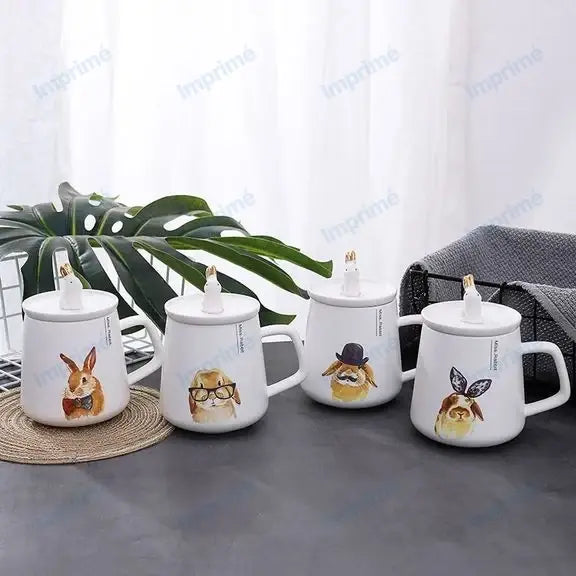 Cartoon gold rabbit ceramic mug with spoon