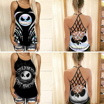 2 pieces Hologram Jack Skellington Faces & Your Worst Nightmare Criss-Cross Tank Top