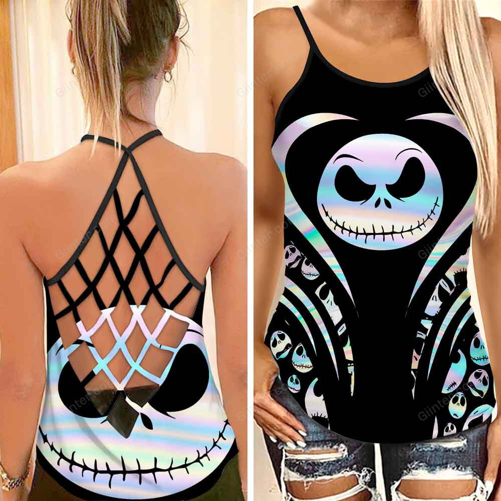 2 pieces Hologram Jack Skellington Faces & Your Worst Nightmare Criss-Cross Tank Top