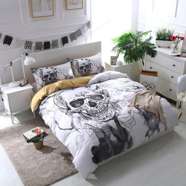 3d Flowers skull Duvet Cover With Pillowcases Sugar Skull Bedding Set