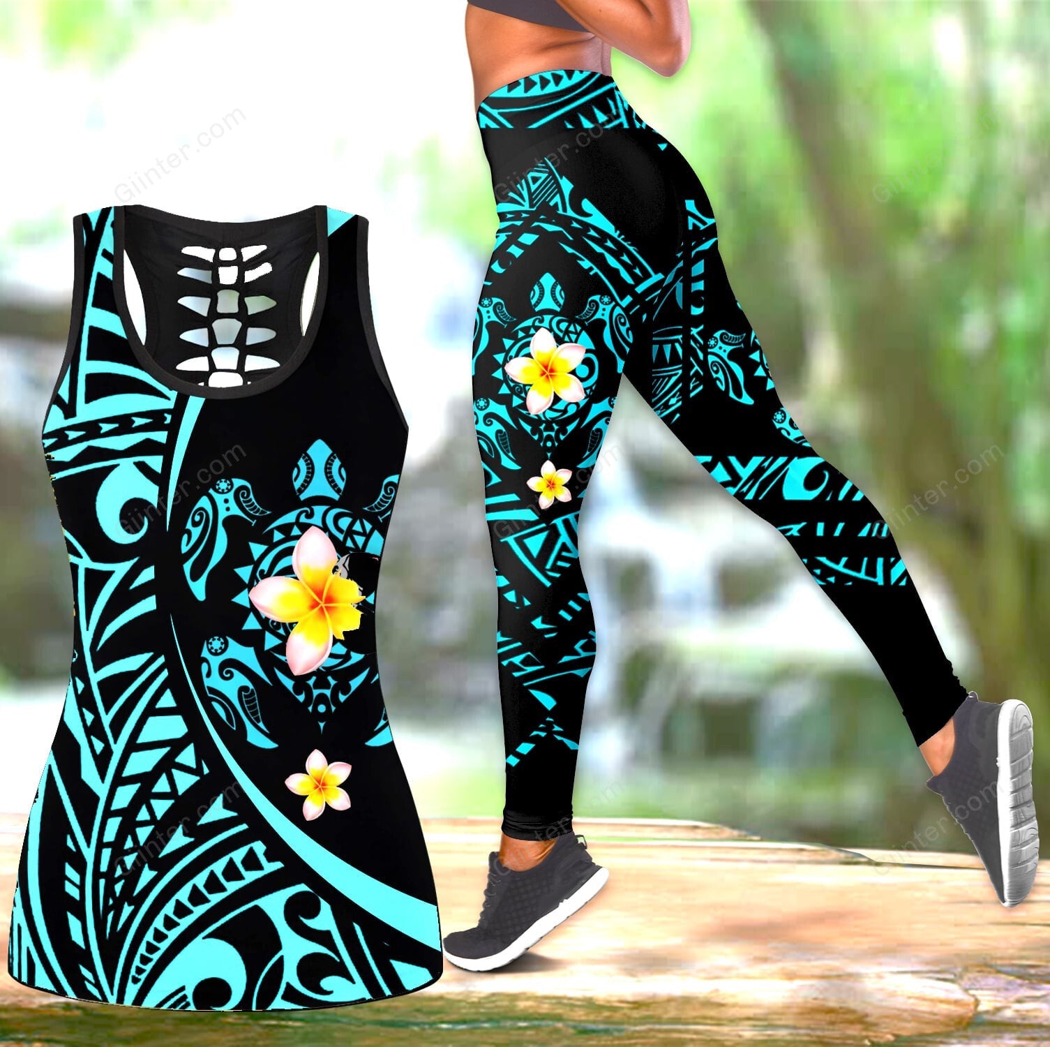 Amazing Polynesian Sea Turtle Tattoo & Hibiscus Women Tank Top & Leggings 12