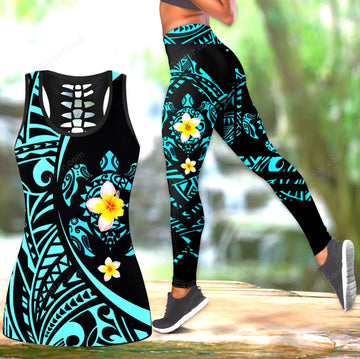Amazing Polynesian Sea Turtle Tattoo & Hibiscus Women Tank Top & Leggings 12