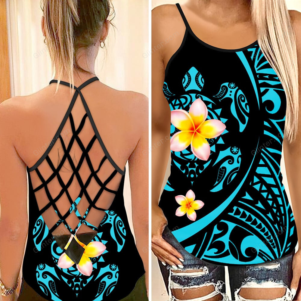 Blue Polynesian Sea Turtle Criss-Cross Tank Top 012955