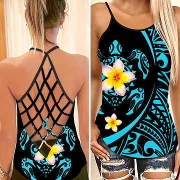 Blue Polynesian Sea Turtle Criss-Cross Tank Top 012955