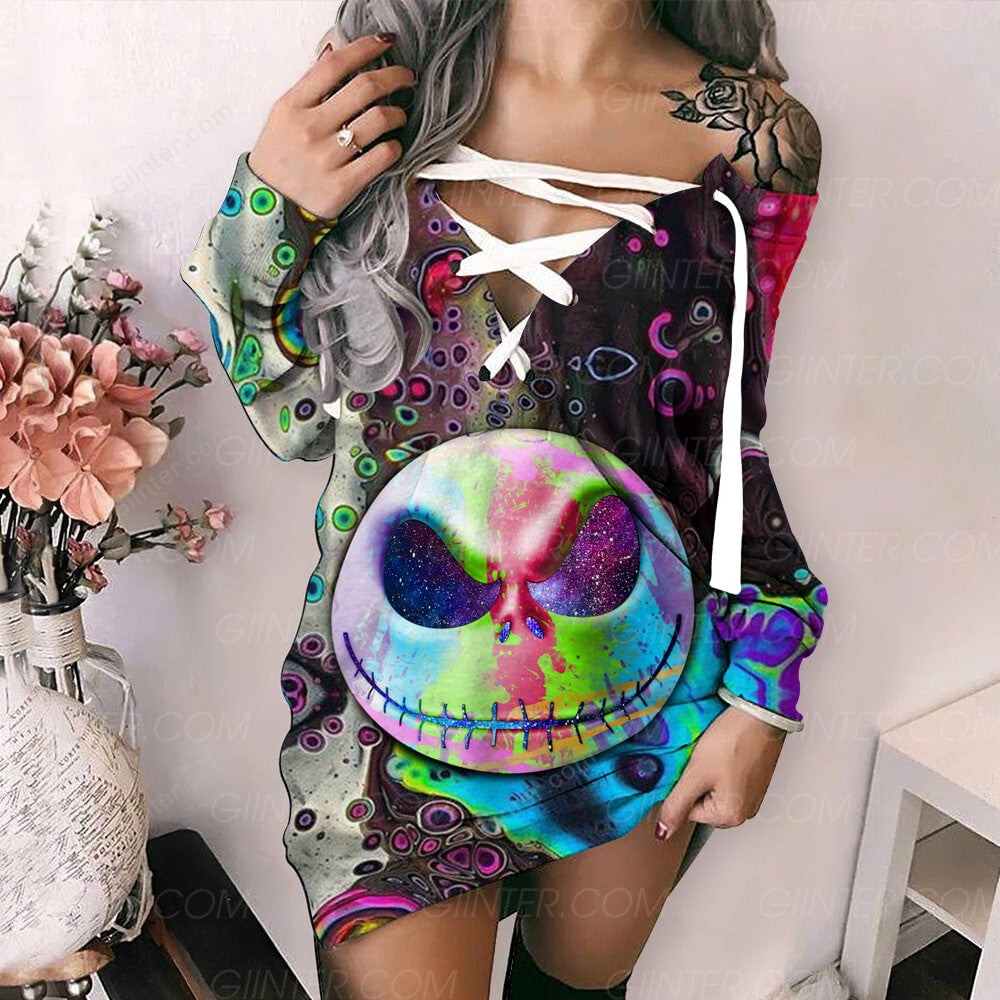 Color Jack Skellington Women's Lace-Up Long Sweatshirt GINNBC00066