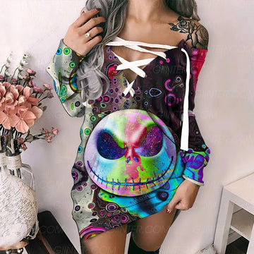 Color Jack Skellington Women's Lace-Up Long Sweatshirt GINNBC00066