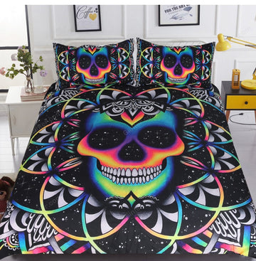 Colorful Skull Duvet Cover Galaxy Mandala Gothic