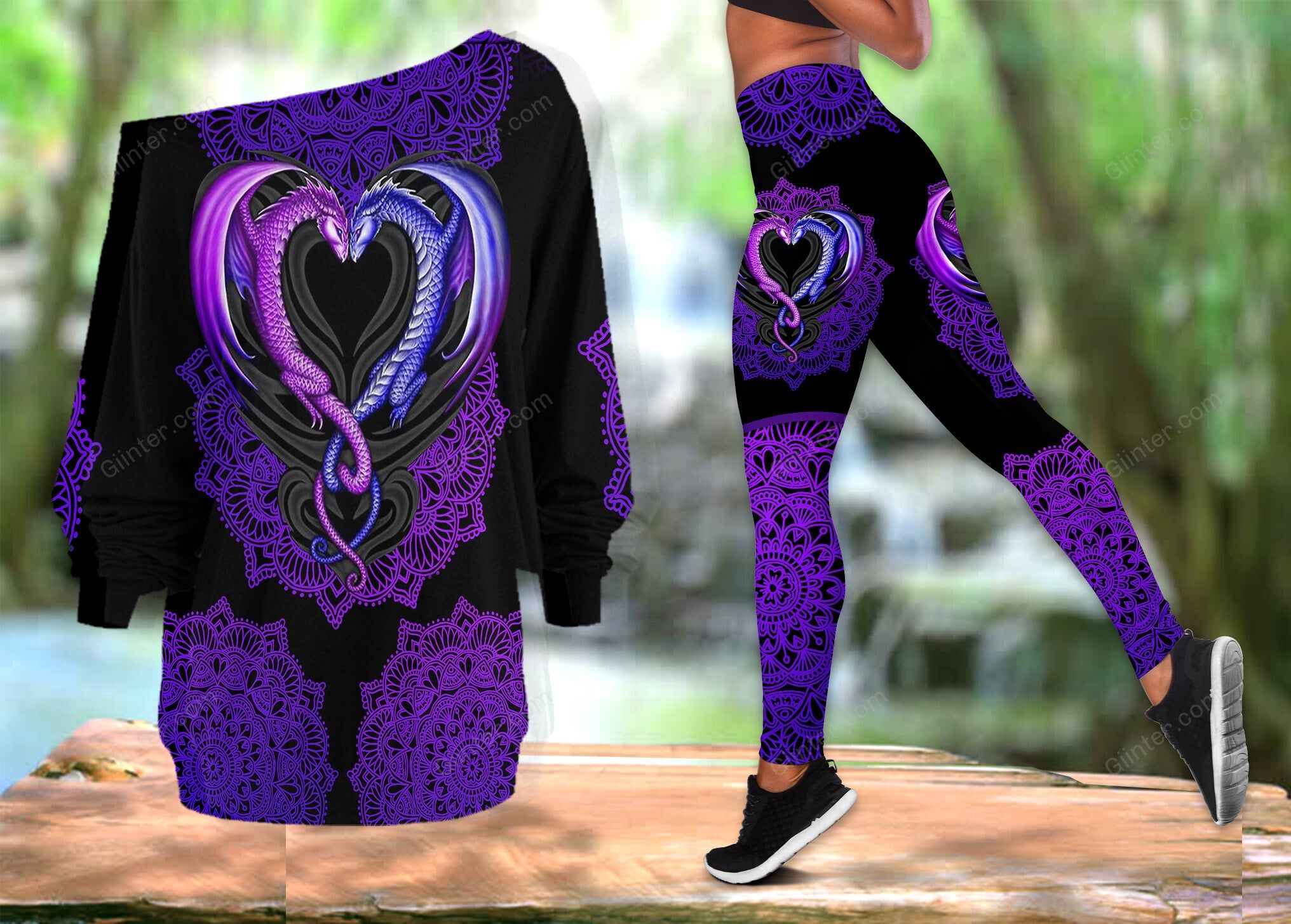 Dragon Purple One Off Shoulder Long Sleeve Shirt & Legging 01