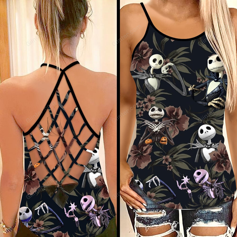 Floral Jack Skellington Criss-Cross Tank Top GINNBC76188