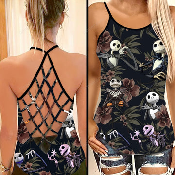 Floral Jack Skellington Criss-Cross Tank Top GINNBC76188