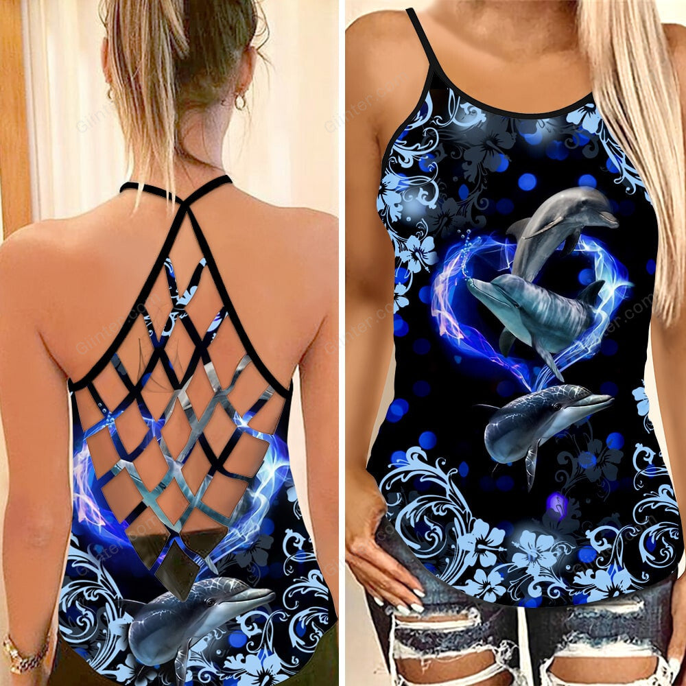 Flowers Dolphin Criss-Cross Tank Top GINNBC01487
