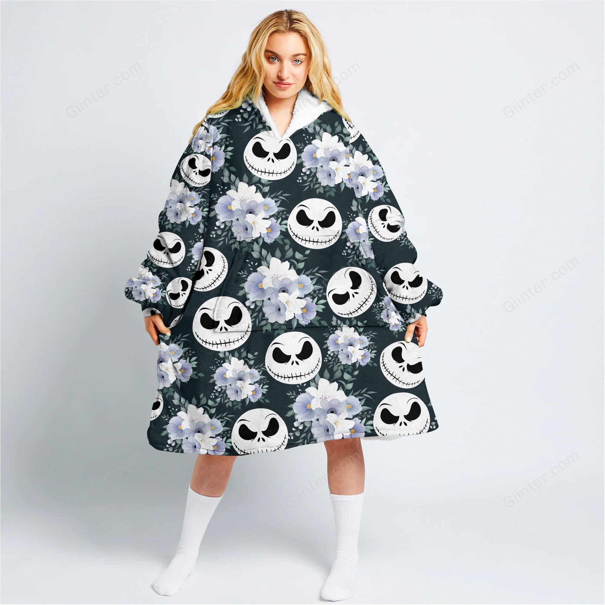 Flowers Jack Skellington Faces Oversize Heavy Fleece Hoodie Blanket GINNBC66485