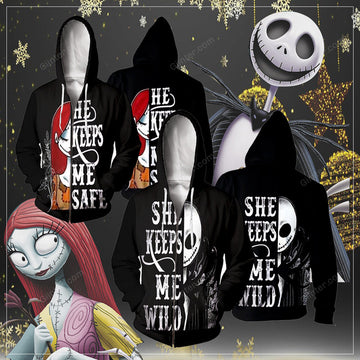 Jack Skellington "She Keeps Me Wild & Sally "He Keeps Me Safe" Couple Shirts