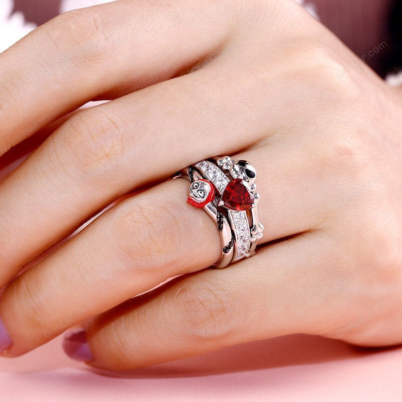 Jack Skellington & Sally Silver Color Heart CZ Crystal Wedding Rings for Women Men Gothic Skeleton Clown Pumpkin Head Ring Girl