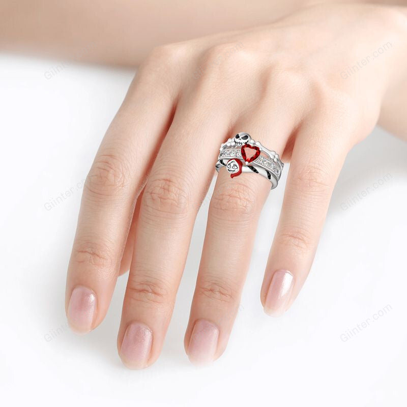 Jack Skellington & Sally Silver Color Heart CZ Crystal Wedding Rings for Women Men Gothic Skeleton Clown Pumpkin Head Ring Girl