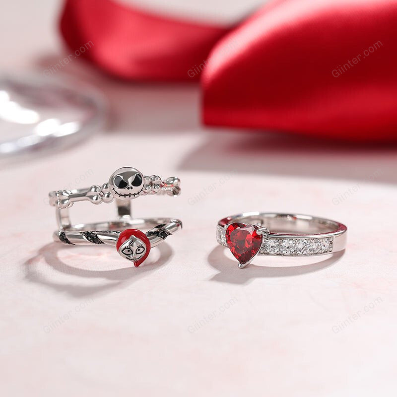 Jack Skellington & Sally Silver Color Heart CZ Crystal Wedding Rings for Women Men Gothic Skeleton Clown Pumpkin Head Ring Girl