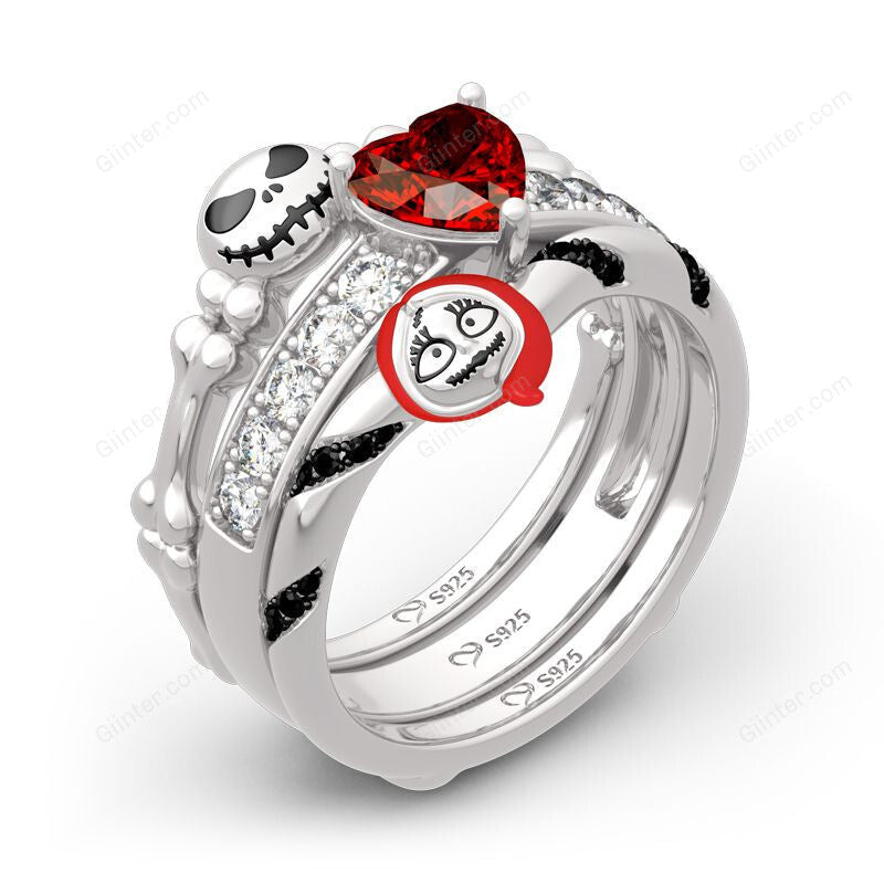 Jack Skellington & Sally Silver Color Heart CZ Crystal Wedding Rings for Women Men Gothic Skeleton Clown Pumpkin Head Ring Girl