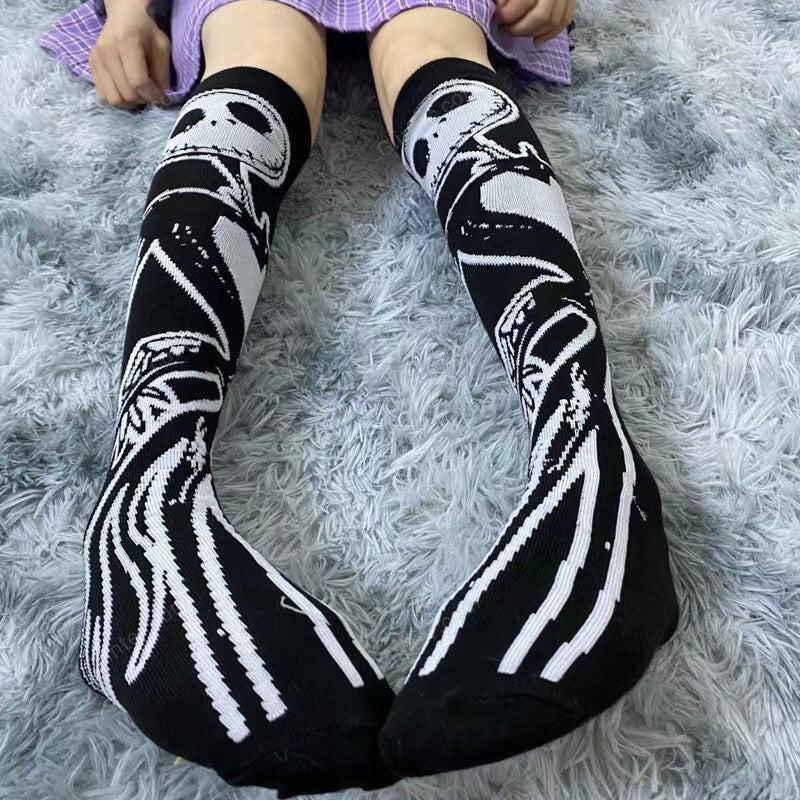 Jack Skellington Dark Skeleton Pattern Knee Socks Women Girl Gothic Punk Streetwear Mall Goth JK School Casual Retro Moon Star Long Cool