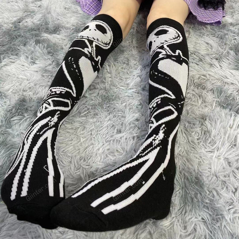 Jack Skellington Dark Skeleton Pattern Knee Socks Women Girl Gothic Punk Streetwear Mall Goth JK School Casual Retro Moon Star Long Cool
