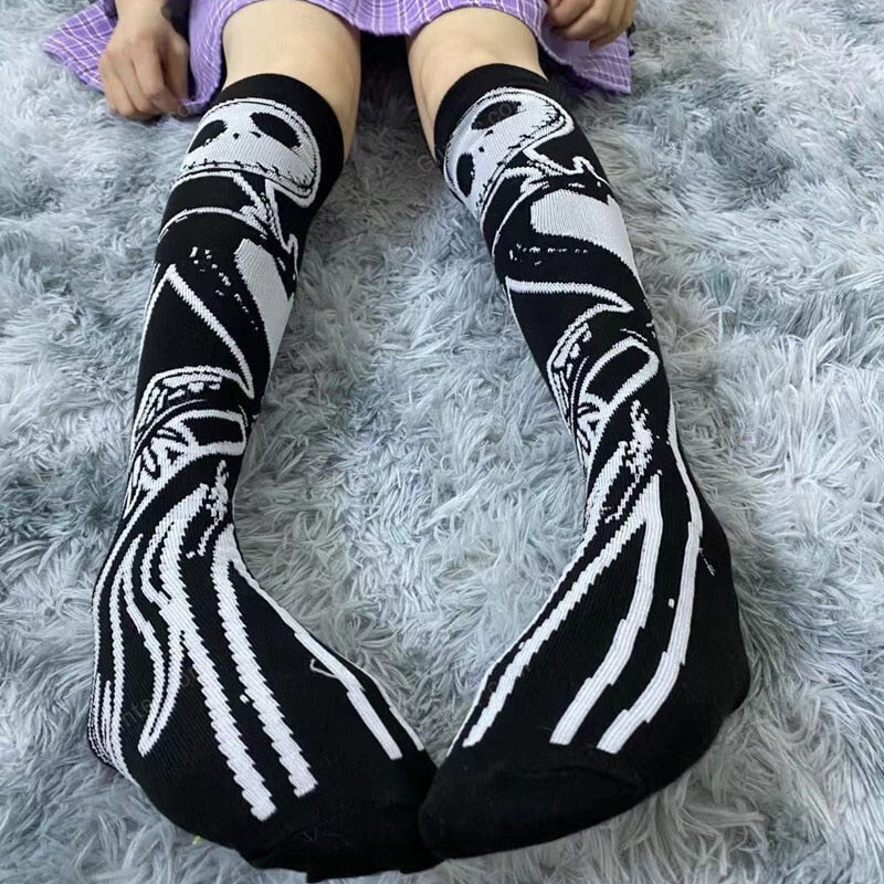 Jack Skellington Dark Skeleton Pattern Knee Socks Women Girl Gothic Punk Streetwear Mall Goth JK School Casual Retro Moon Star Long Cool