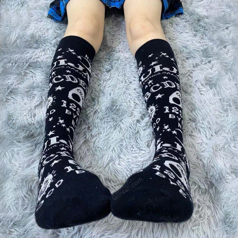 Jack Skellington Dark Skeleton Pattern Knee Socks Women Girl Gothic Punk Streetwear Mall Goth JK School Casual Retro Moon Star Long Cool