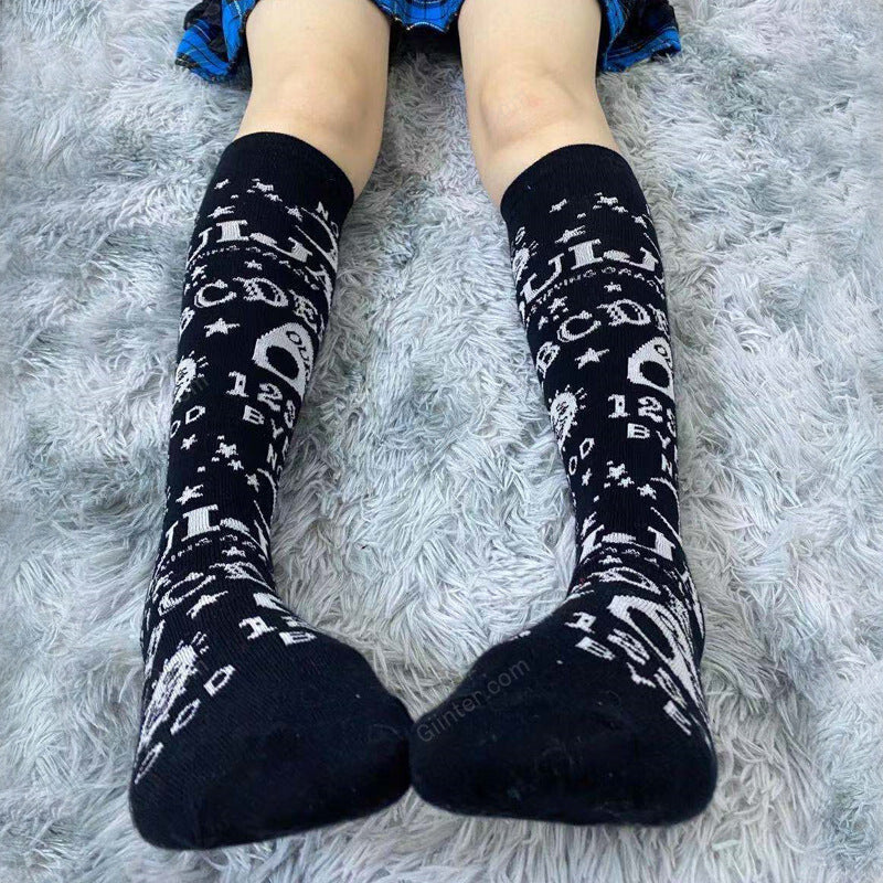 Jack Skellington Dark Skeleton Pattern Knee Socks Women Girl Gothic Punk Streetwear Mall Goth JK School Casual Retro Moon Star Long Cool