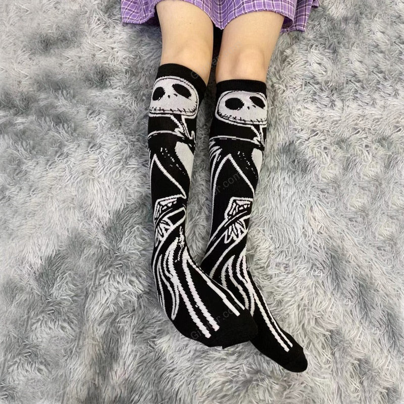 Jack Skellington Dark Skeleton Pattern Knee Socks Women Girl Gothic Punk Streetwear Mall Goth JK School Casual Retro Moon Star Long Cool