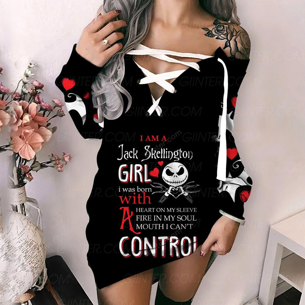 Jack Skellington Girl Women's Lace-Up Long Sweatshirt GINNBC00213