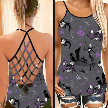 Jack Skellington Halloween Pattern Criss-Cross Tank Top & Sleeveless Beach Dress GINNBC75497