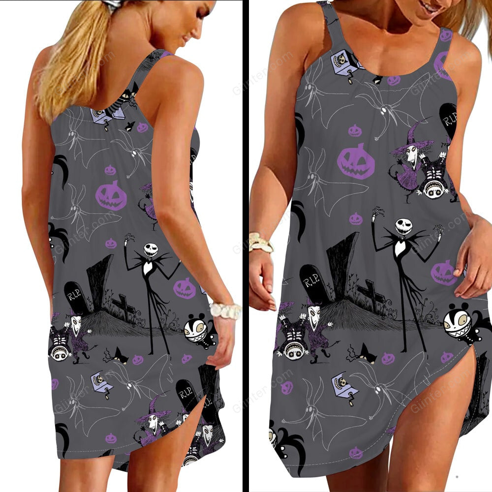 Jack Skellington Halloween Pattern Criss-Cross Tank Top & Sleeveless Beach Dress GINNBC75497