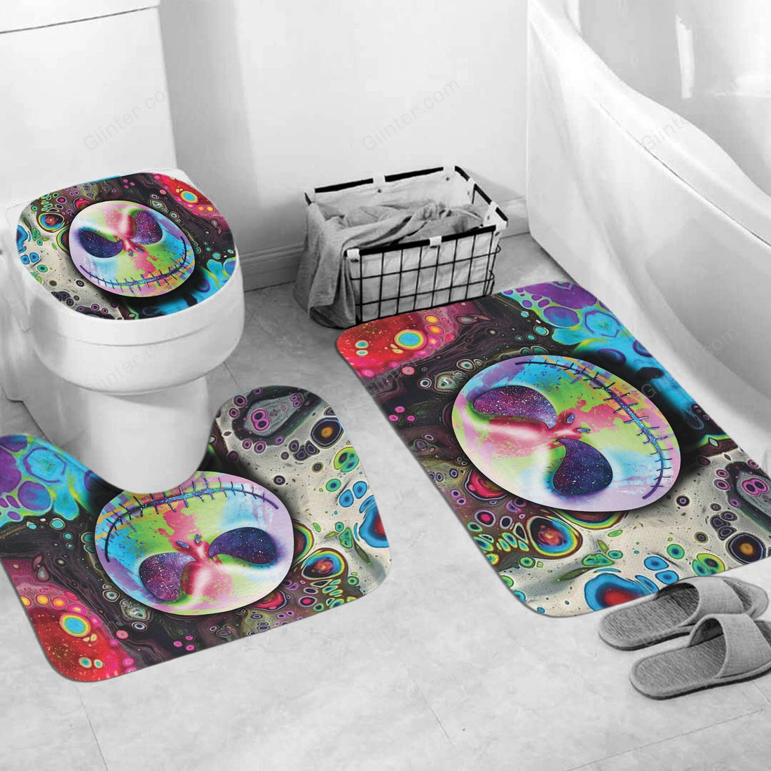 Jack Skellington Waterproof Bath Curtain Set Toilet Cover Mat Non-Slip Rug Set Bath Curtain 4Pcs Bathroom Set 66