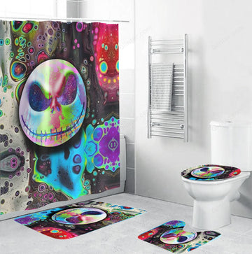 Jack Skellington Waterproof Bath Curtain Set Toilet Cover Mat Non-Slip Rug Set Bath Curtain 4Pcs Bathroom Set 66