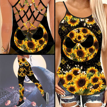 JS Sunflowers Face Criss-Cross Tank Top & Leggings Set GINNBC93284