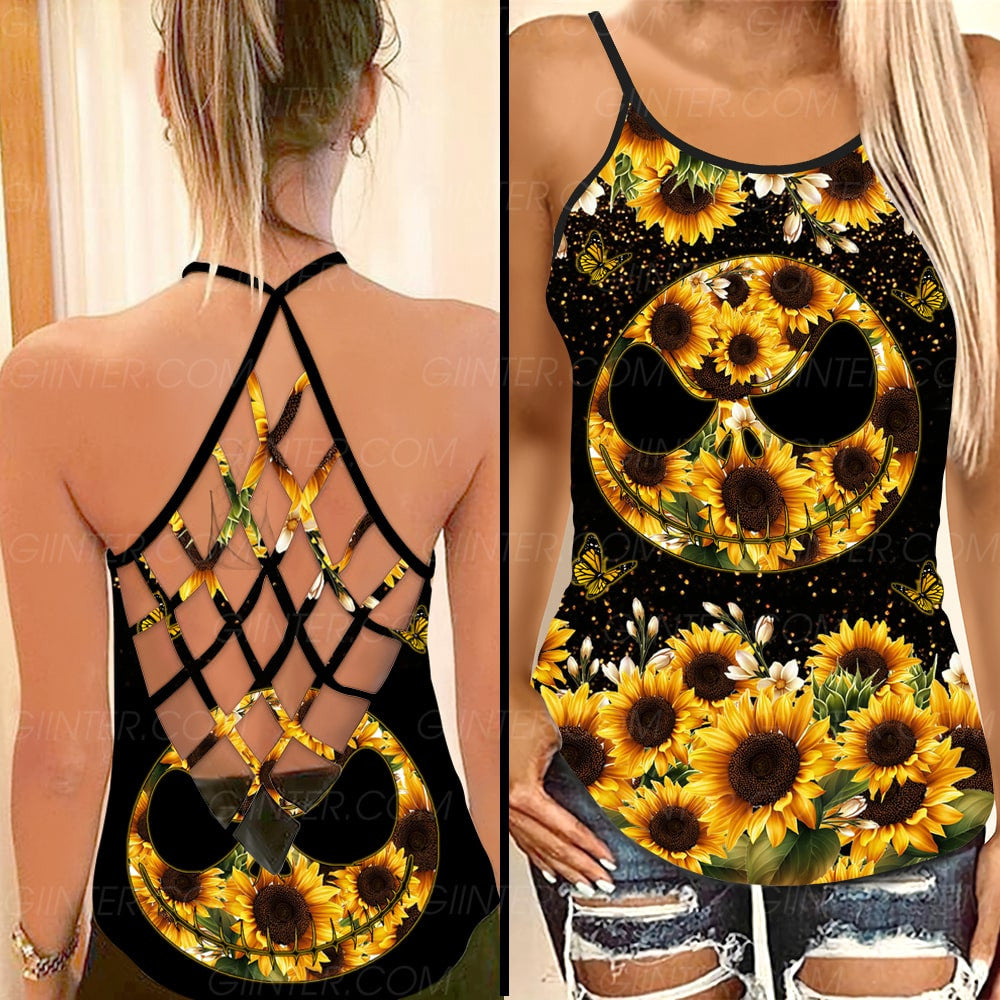 JS Sunflowers Face Criss-Cross Tank Top & Leggings Set GINNBC93284