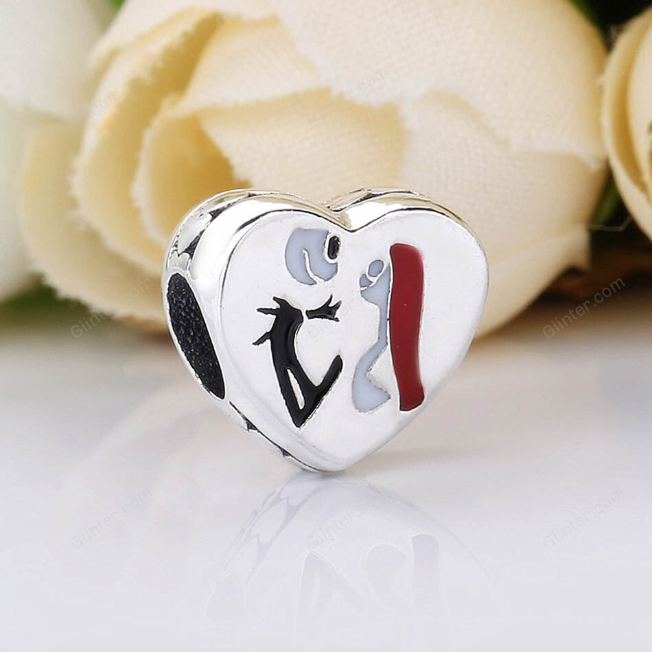 New 925 Sterling Silver Bead Charm Heart Shape Enamel Jack & Sally Meant To Be