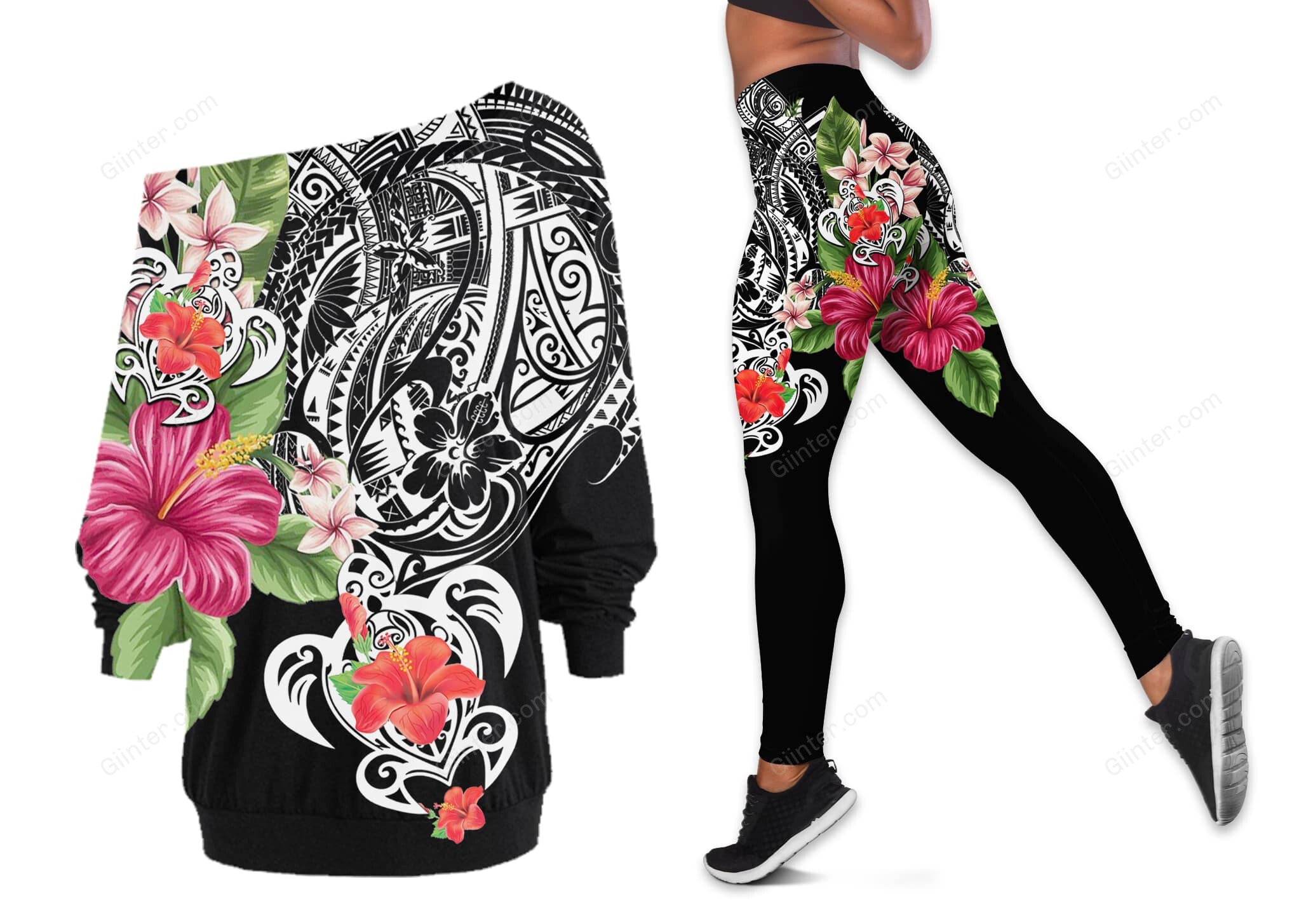 Polynesian Sea Turtle Tattoo One Off Shoulder Long Sleeve Shirt & Legging 38