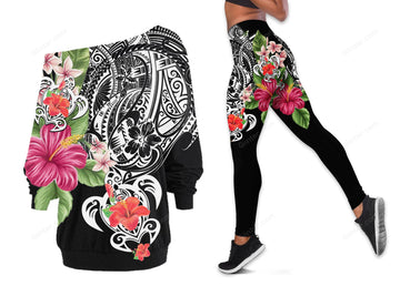 Polynesian Sea Turtle Tattoo One Off Shoulder Long Sleeve Shirt & Legging 38