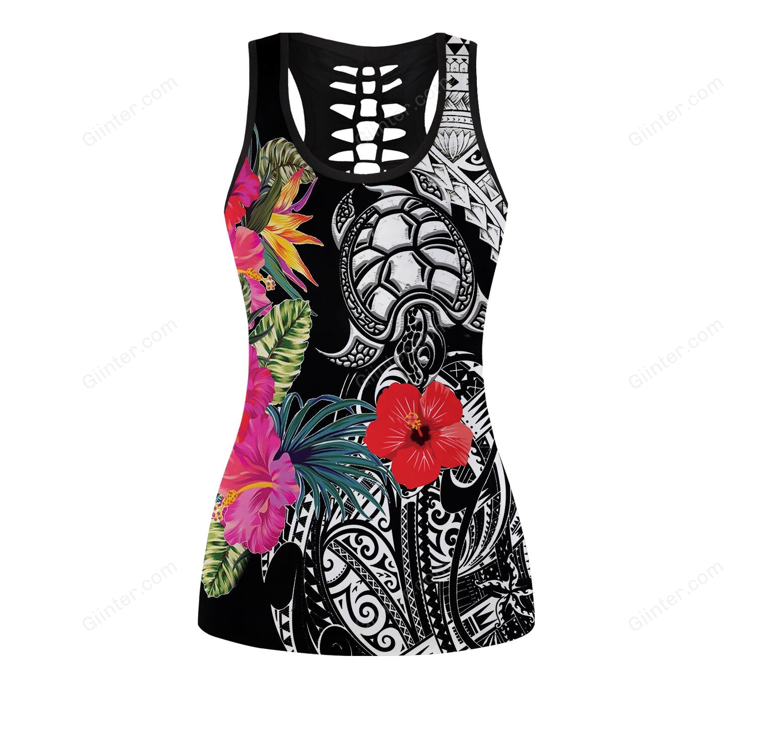 Polynesian Sea Turtle Tattoo and Hibiscus 3D Women Tank Top & Legging 18